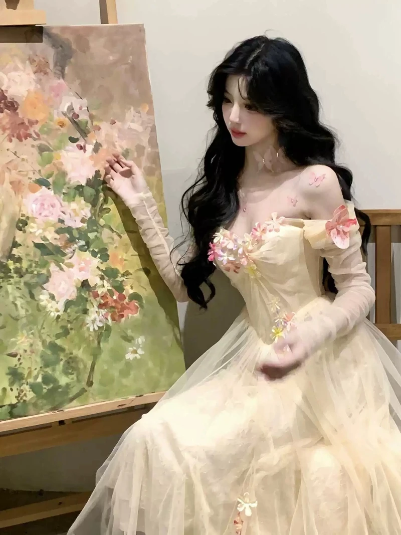 

Ele Off-oulder Floral Skeleton Lace ort Sves Ball Gown Long Tea-Length Summer Vaion Dr Wedding Guest Dr