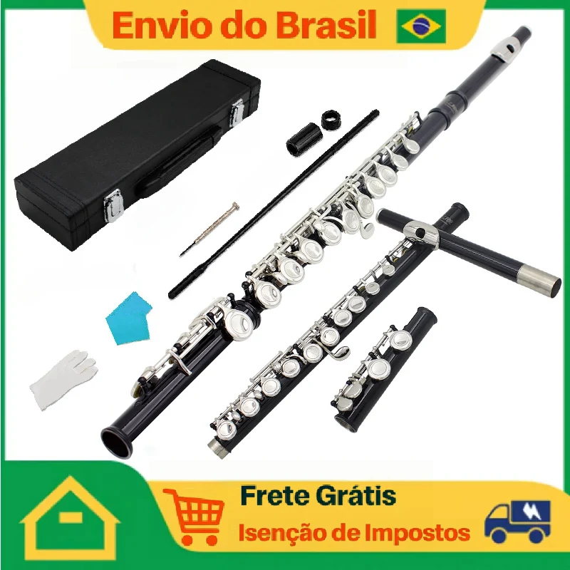 Flauta Transversal 16 Furos Preta Chave C Latão Instrumento de Madeira Concerto Envio Brasil Frete Grátis Isento de Imposto