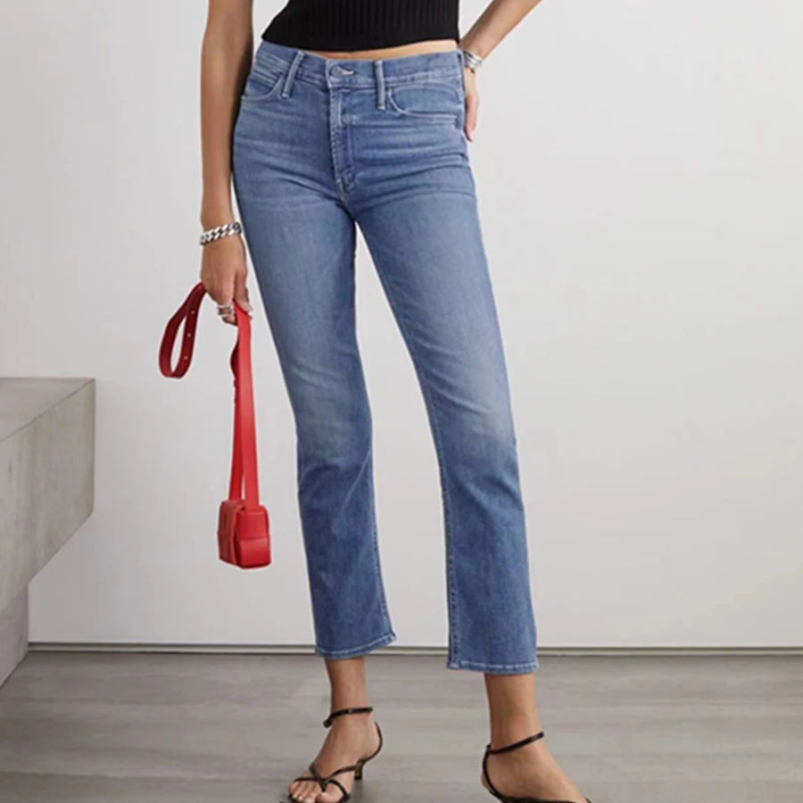 

Maxdutti Minimalist Commuting Blue High Waisted Elastic Slim Straight Leg Jeans Woman Clothes Cropped Jeans Women's Denim Pants