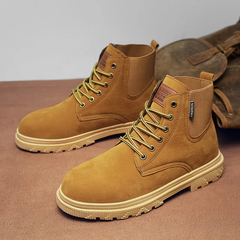 

Осень-зима, желтые мужские ботильоны, кожаные ботинки унисекс для мужчин и женщин, рабочие ботинки с высоким берцем, botines para hombre