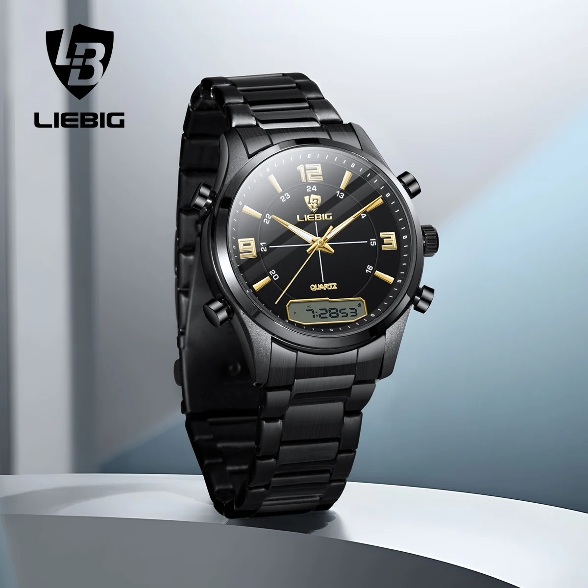 LIEBIG Fashion Casual Watch Men Digital Dual Time Week Gold Back Light Sport 3bar Waterproof Quartz Wristwatches Clock relogio