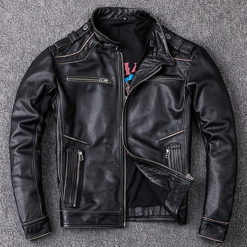 Distressed Leather Jacket Men Vintage Motorcycle Jackets 100% Natural Cowhide Men's Motorbiker Coat Autumn Asian Size M202