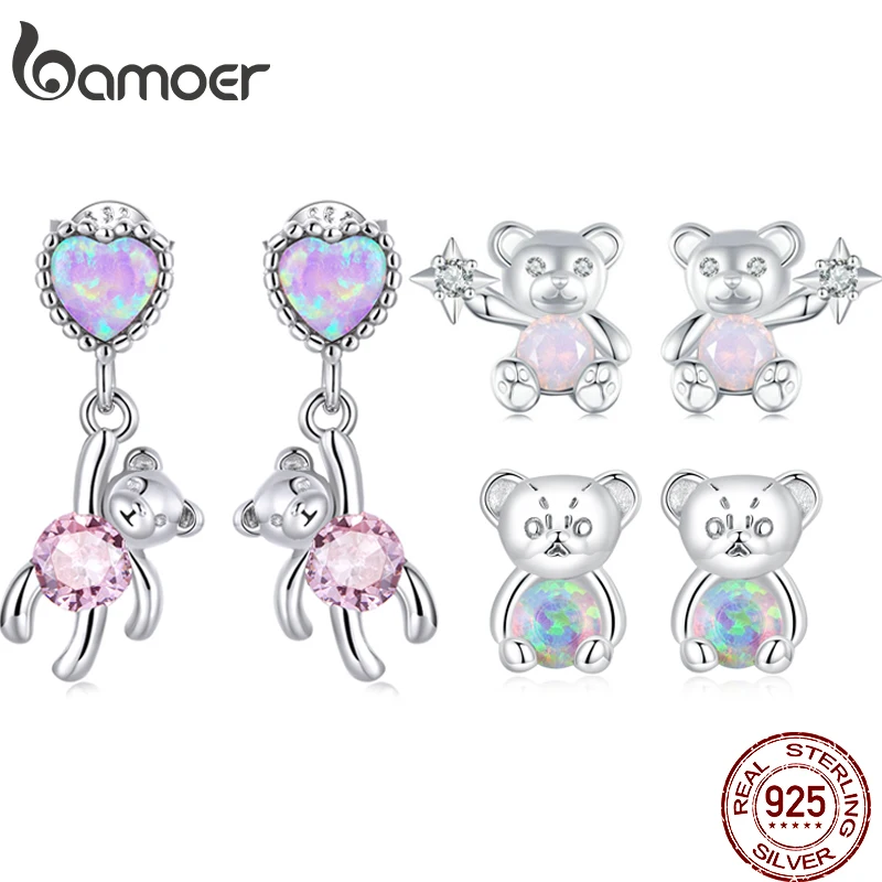 Bamoer 100% 925 Sterling Silver Star Bear Stud Earrings Love Bear zircon Piercing Hoop Earrings For Women Fine Jewelry Gift