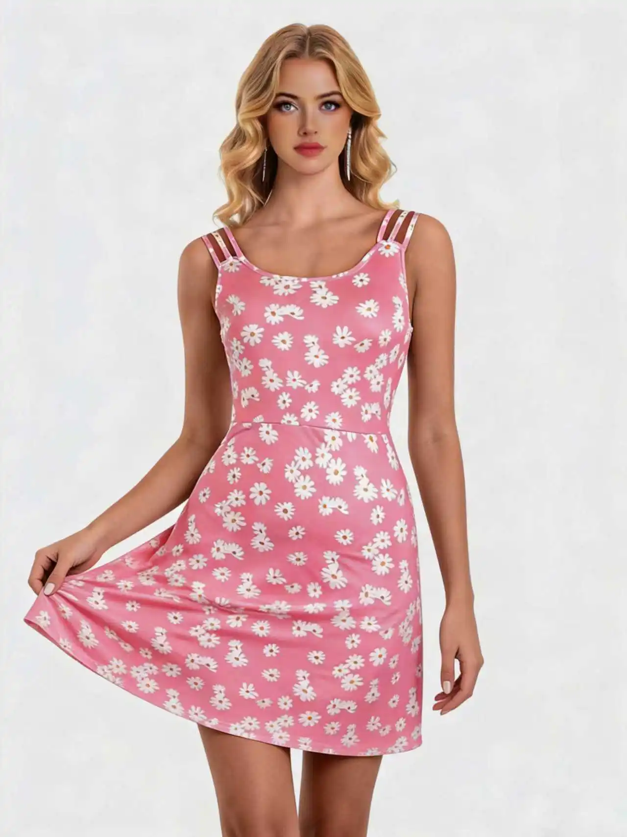 

Женское облегающее мини-платье размера плюс с розовым принтом ромашки на бретельках, летнее повседневное струящееся вечернее платье без рукавов, новинка 2023 года