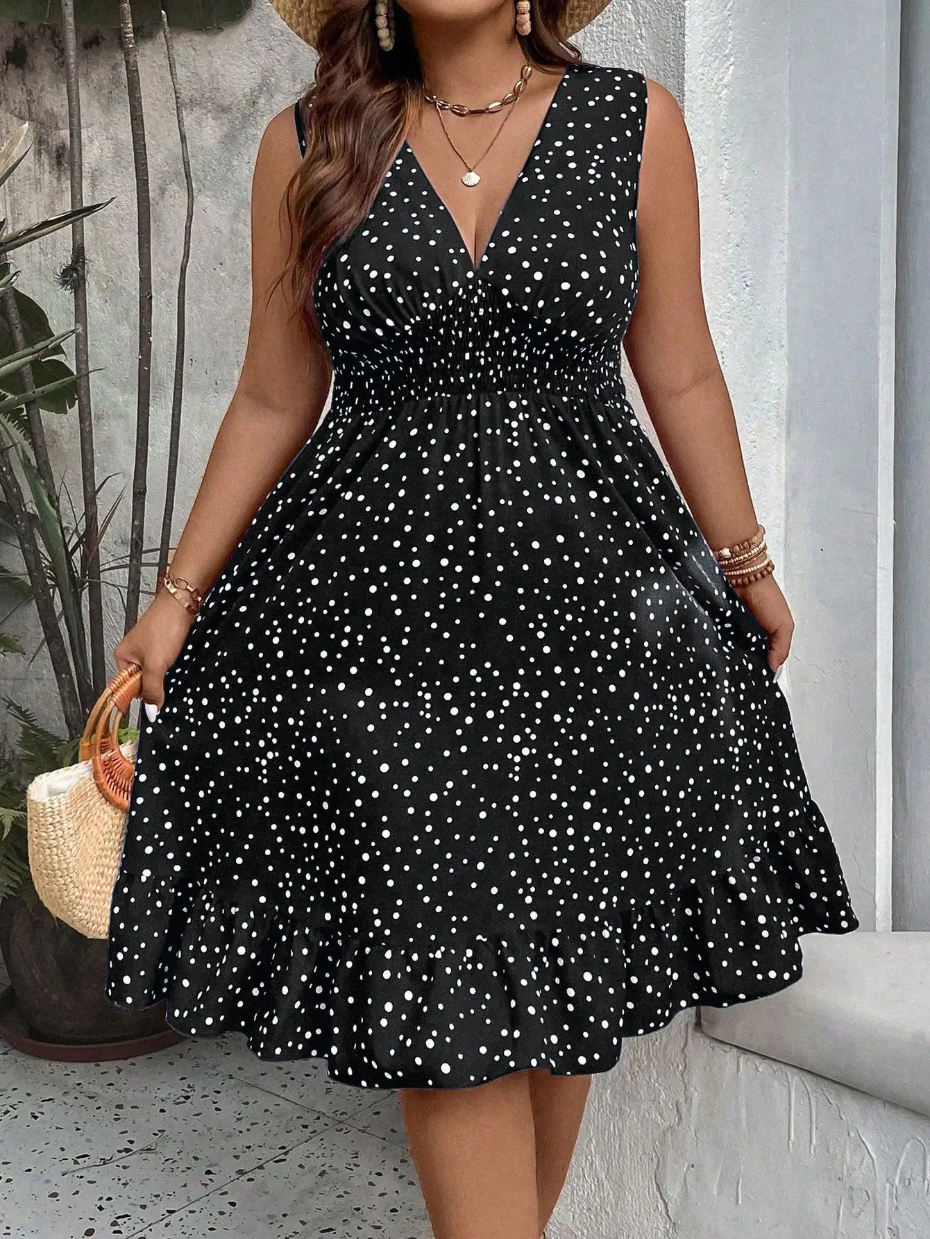 

Plus Size Polka Dot Print Ruffle Hem Knee-Length Dress For Women