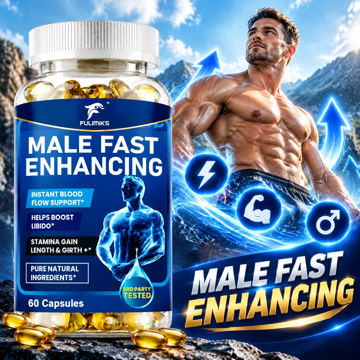 Male Fast Enhancing Supplement, with Epimedium, Support Blood Circulation & Reproductive Health, Fatigue, Energy, Confidence