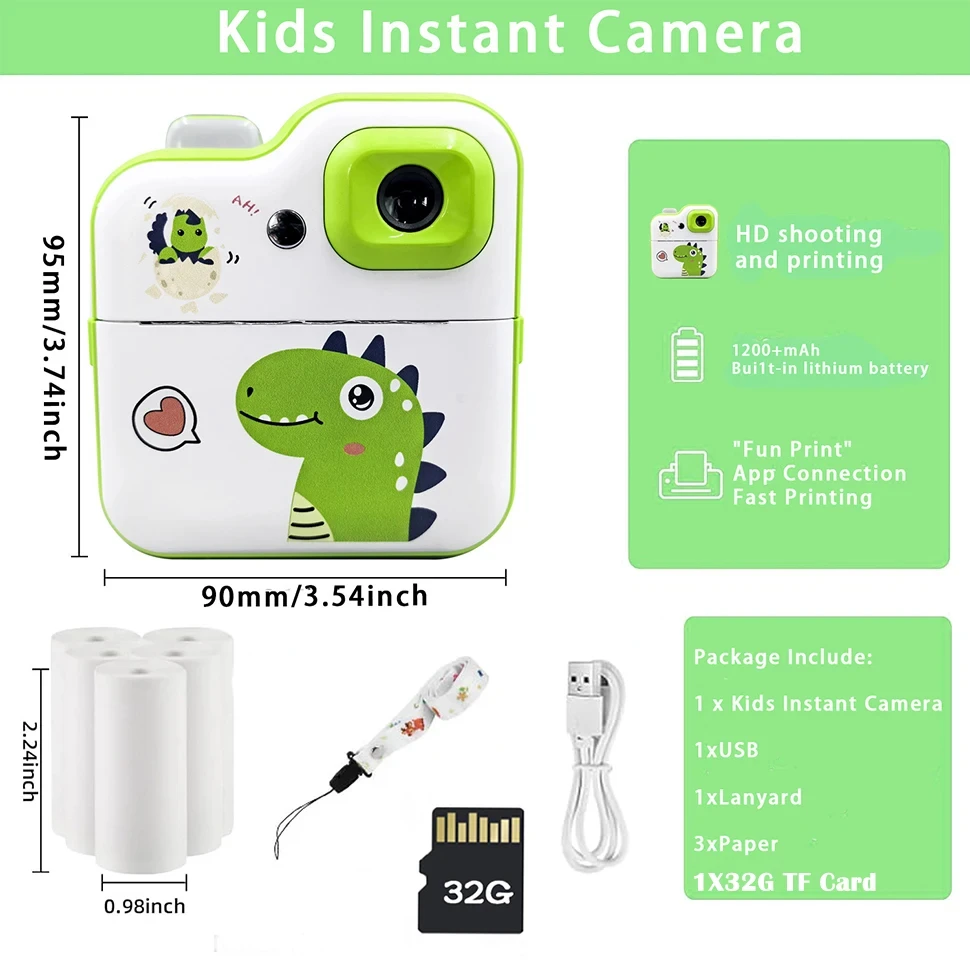 Kids Camera Instant Print Photo 1080P HD Digital Camera for Kids with 32G TF Card 12Rolls Printing Paper Christmas Birthday Gift