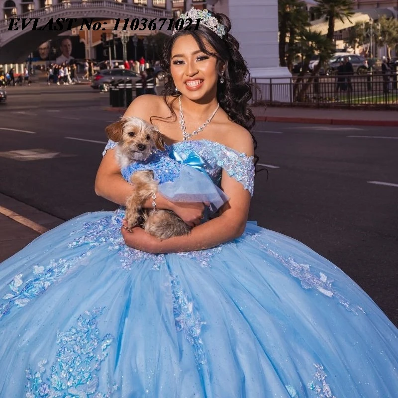 EVLAST Sparkly Blue Quinceanera Dress Ball Gown 3D Floral Lace Applique Beading With Bow Sweet 16 Gown Vestido De 15 Anos SQ252