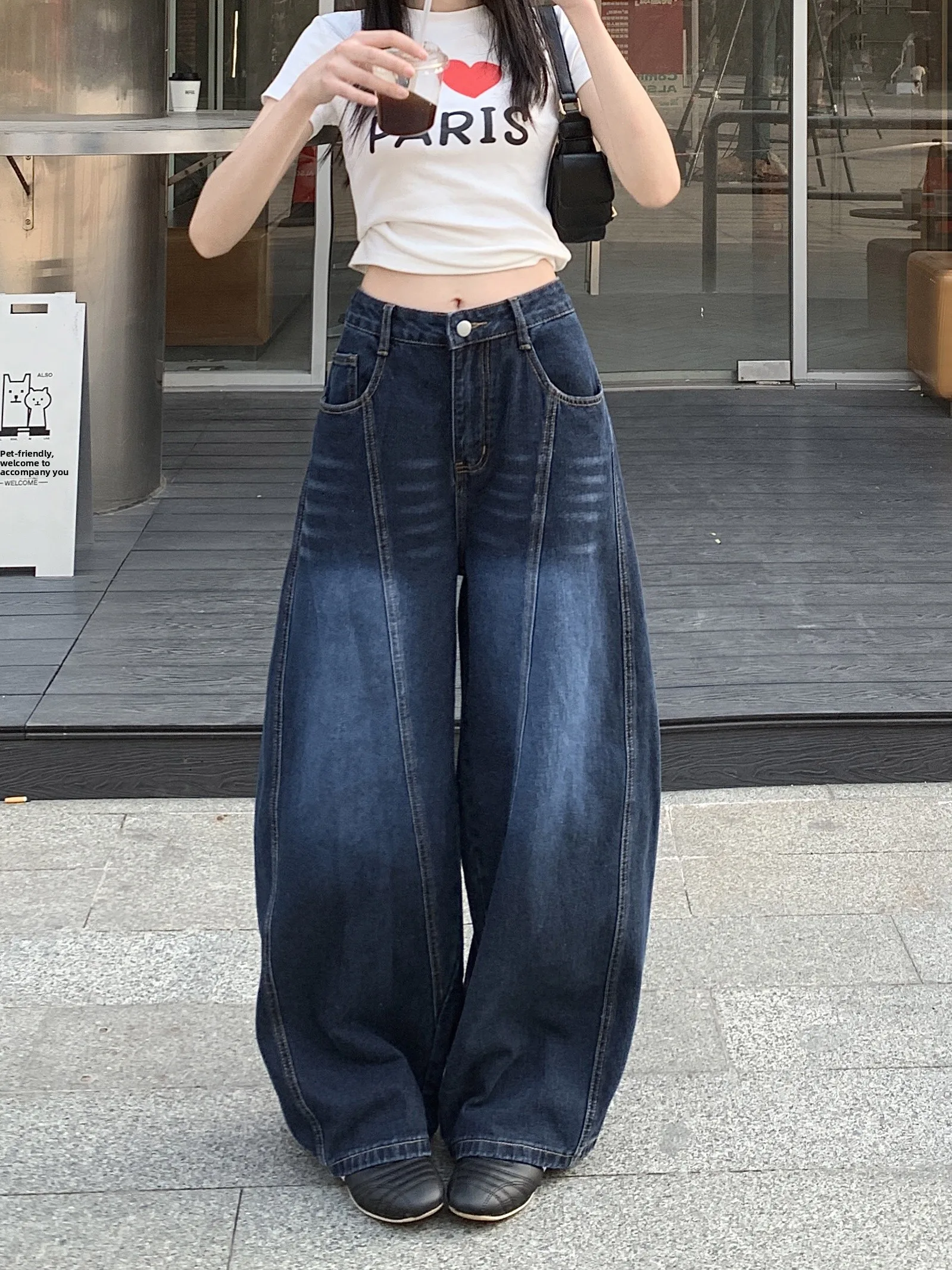 

Deep Blue Curved Blade Denim Jeans Women's Summer Vintage Waed Printed Wide Leg Pants Small Size Long Trousers