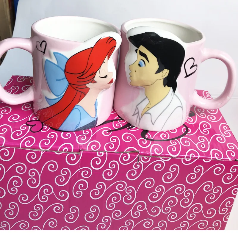 Disney 2 pieces Princess Couple Mug Mermaid Ceramic Mug Beauty Beast Ceramic Mug Double Snow White Coffee Gifts Couple Mugs