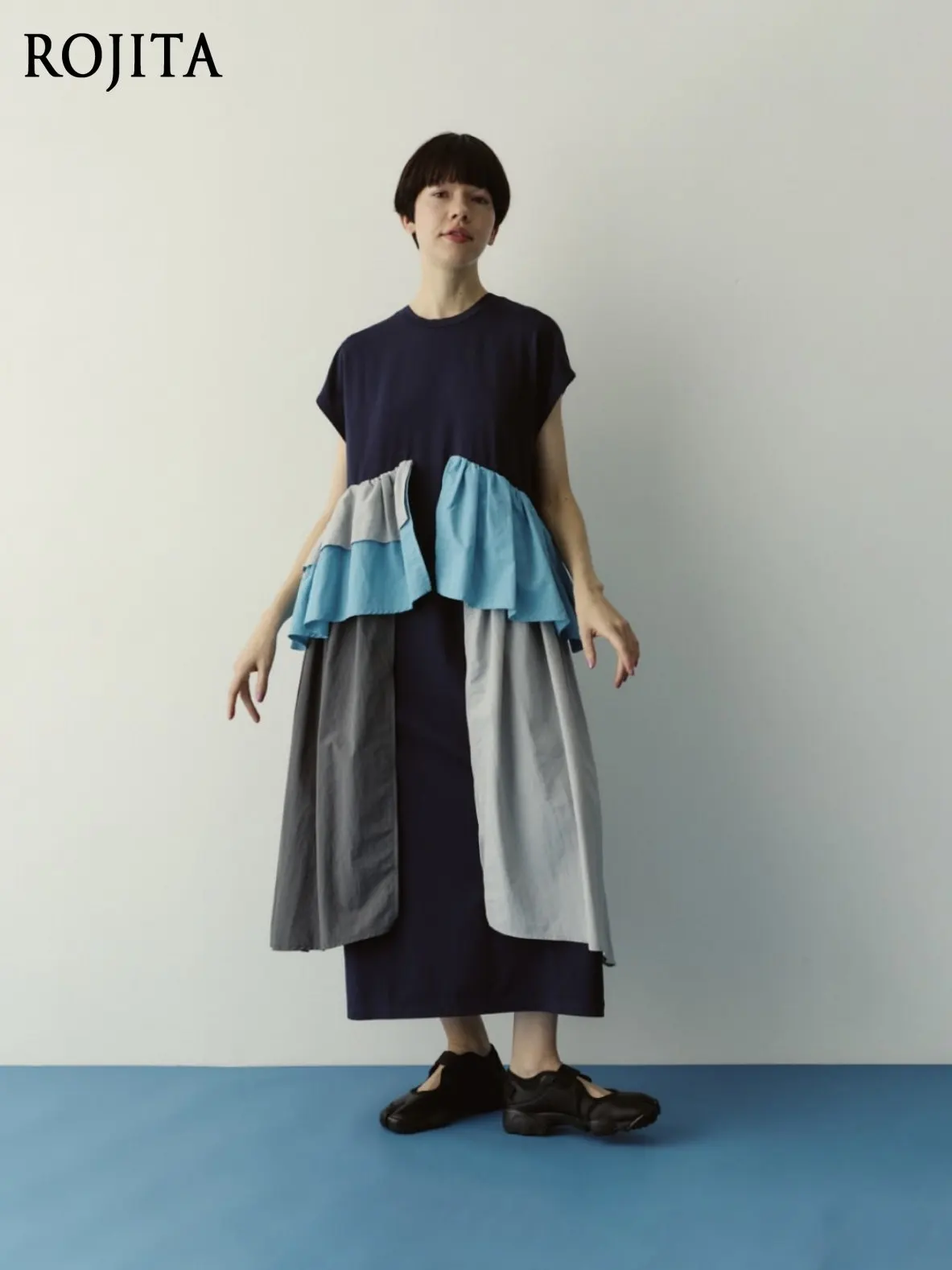 Women Oversized Loose Patchwork Midi Dress Multi‑Color Asymmetrical Layered Ruffle Cap Sleeve Irregular Hem Casual Long Dress
