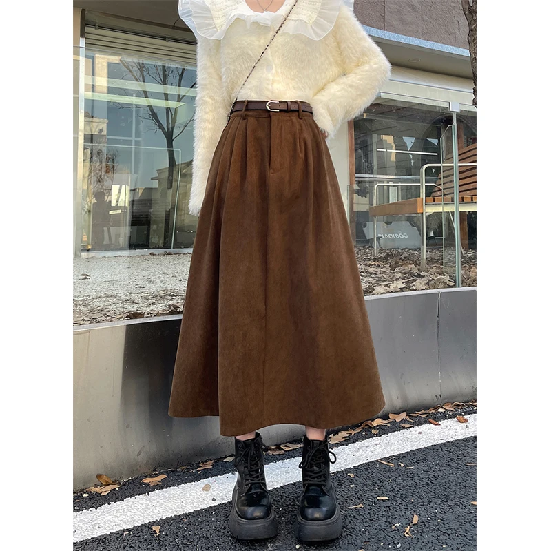 Vintage Belt Corduroy Midi Skirt Women High Waist Pleated A Line Skirts Autumn Winter Streetwear Korean Casual All Match Skirt