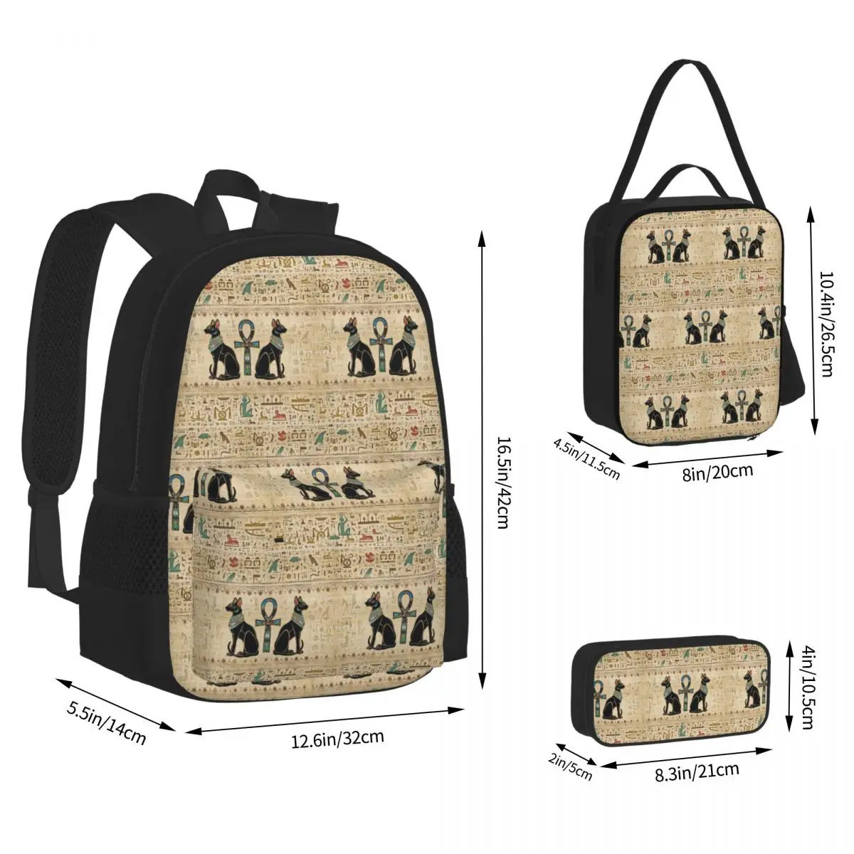Egyptian Cats And Ankh Cross Backpacks Students Bookbag School Bags Rucksack Lunch Bag Pen Bag Three-Piece Set