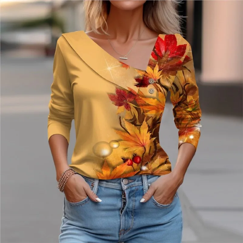 Women's Tee Shirts Long Sleeve Asymmetrical Neck New Print Buttons Casual Loose Streetwear Commuting 2024 Spring Autumn