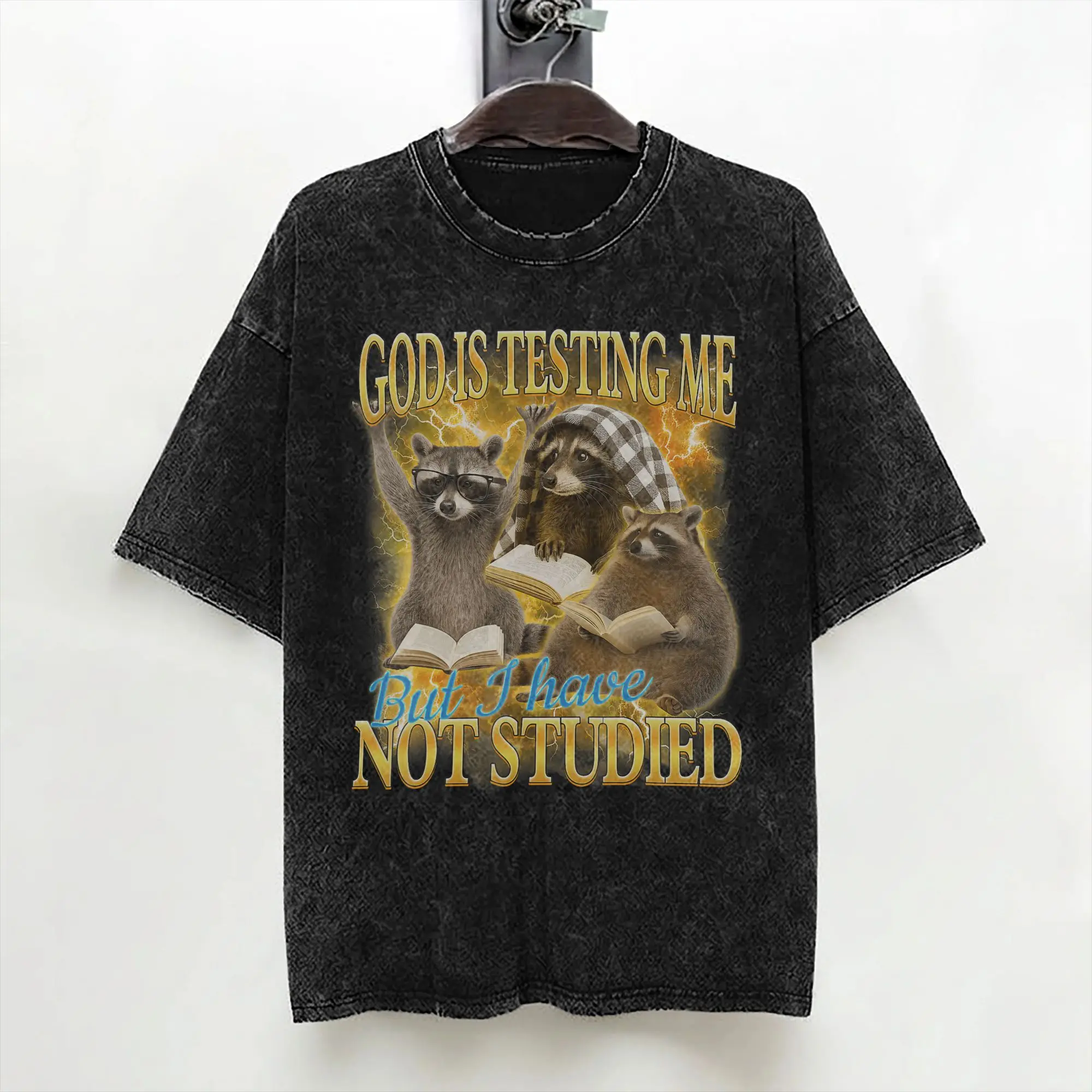 God Is Testing Me And I Have Not Studied Funny Raccon T Shirts Washed Short Sleeve Street T-Shirt for Men Women Streetwear Tees