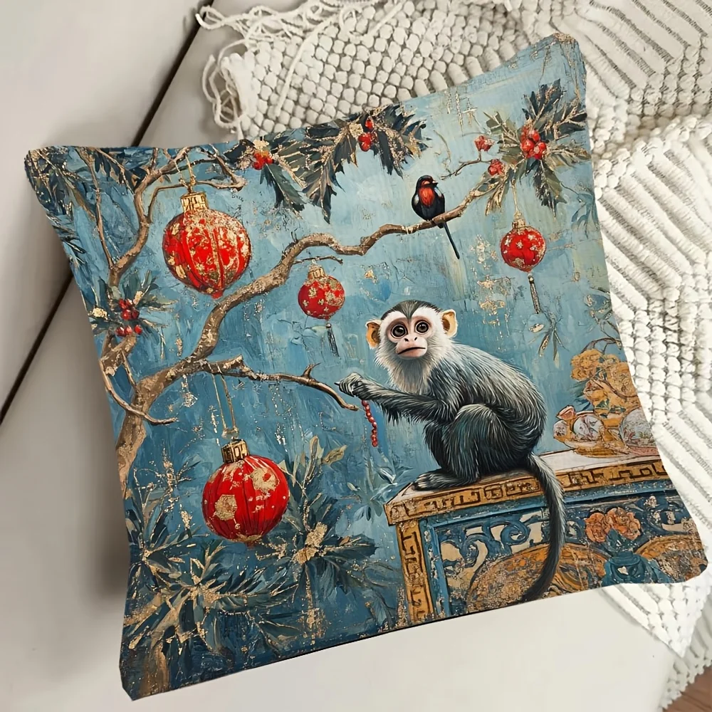 Safari Monkey Christmas Scene Throw Pillow Cover for Sofa Couch Home Decor Festive Holiday Accent Cushion