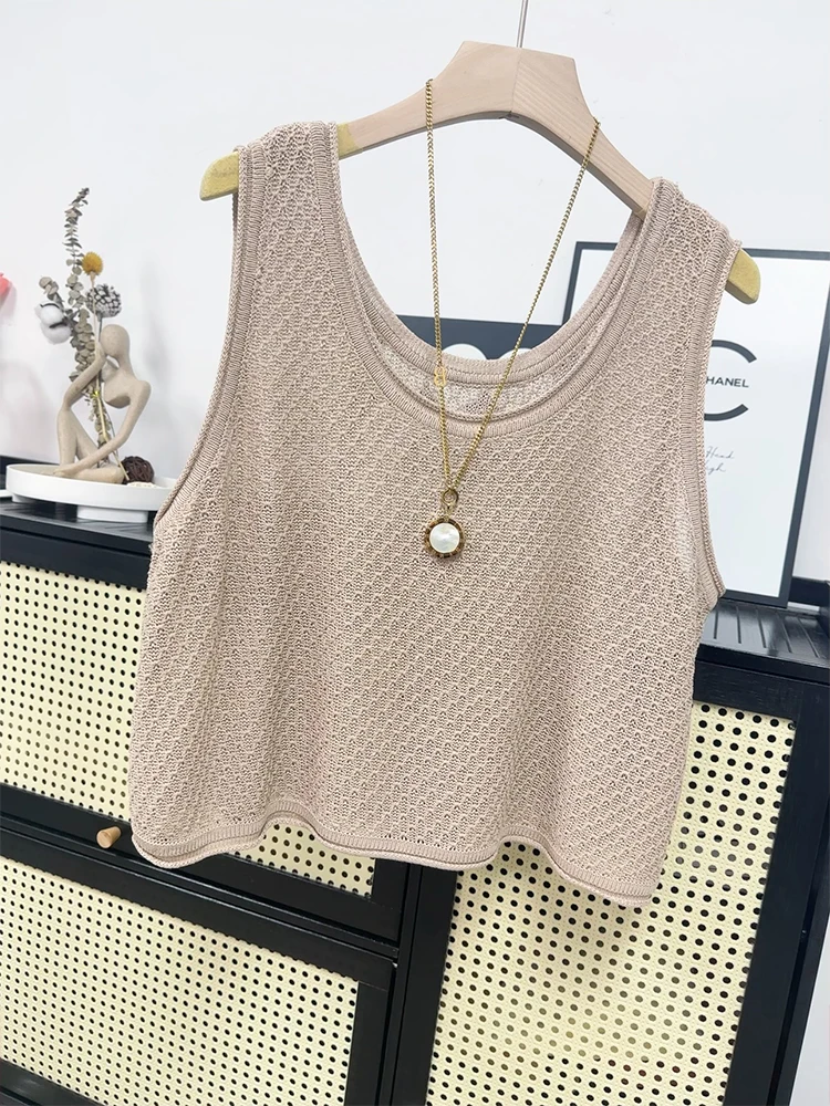 High quality new hollow short knitted vest for women's outerwear, summer thin loose ice silk top