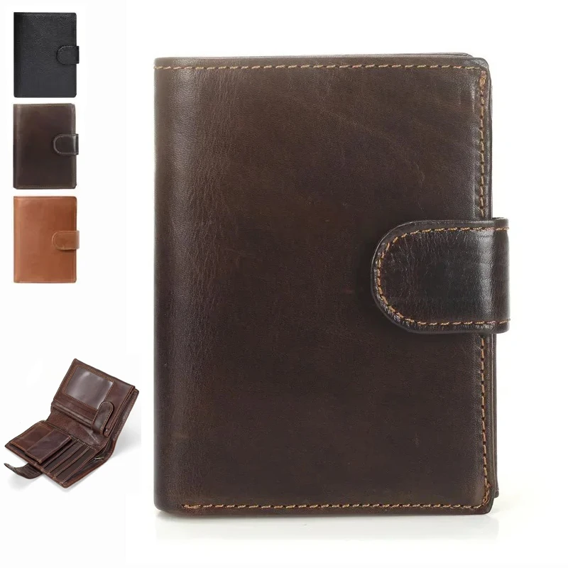 

New Men Wallet Cowhide Genuine Leather Wallets Coin Purse Clutch Hasp Open Top Quality Retro Short Wallet