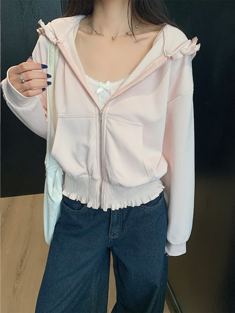 Sweat à capuche coréen doux Anti-âge avec fermeture éclair Jaet femmes printemps automne Faion vêtements d'extérieur oreille en bois longue Sve ouvert Cardigan haut