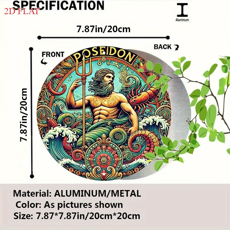 HD Tin Sign, Poseidon Greek God Round Metal Wall Art, Mythology Ocean Decor