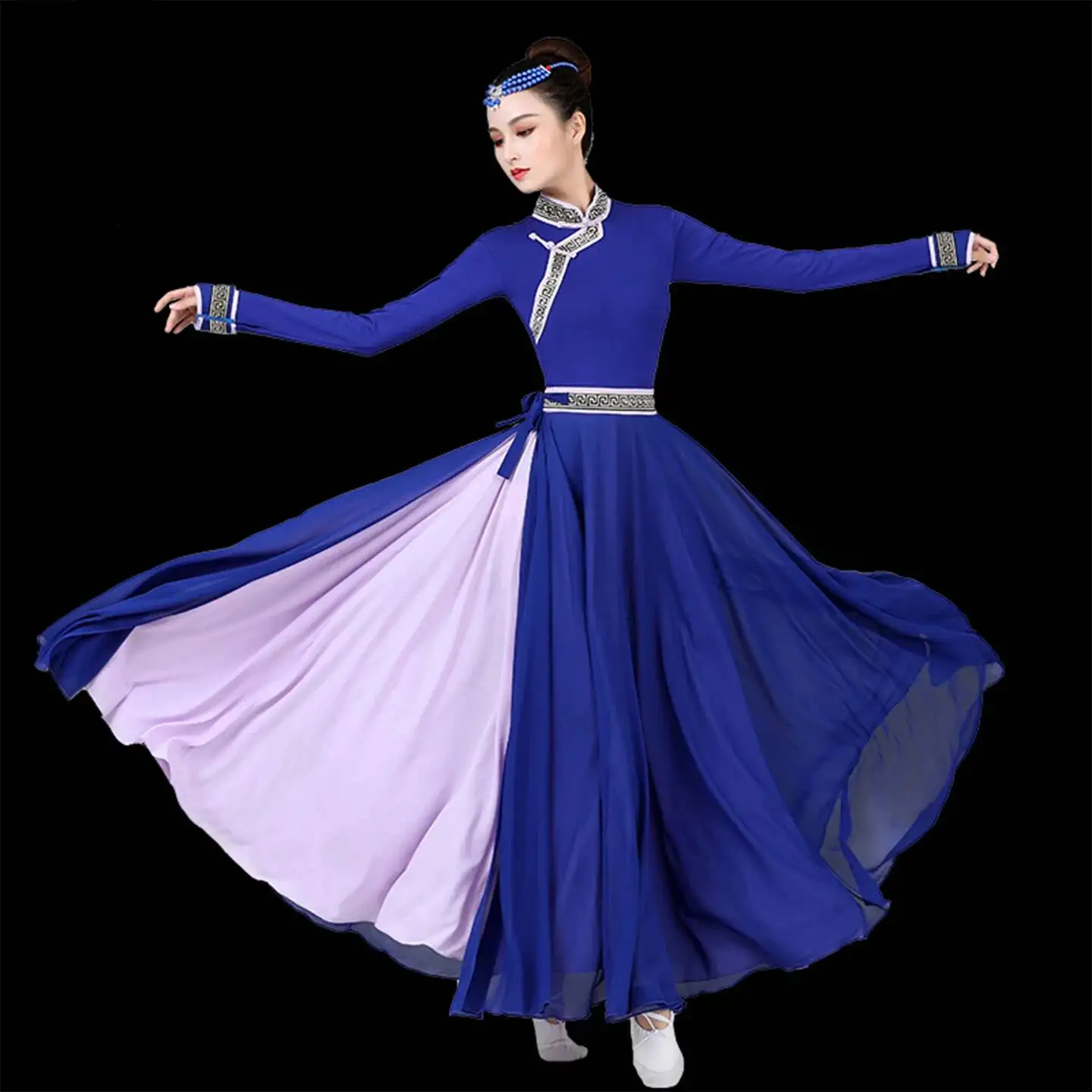 Womens Blue Pink Contrast Mongolian Dance Costume Group Dance Exam Stage Performance Competition Wear