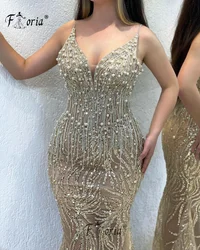 Gorgeous Champagne Pearls Beaded Formal Evening Dresses Tassel Beading Sequined Mermaid Prom Party Dress Wedding Robe de soiree