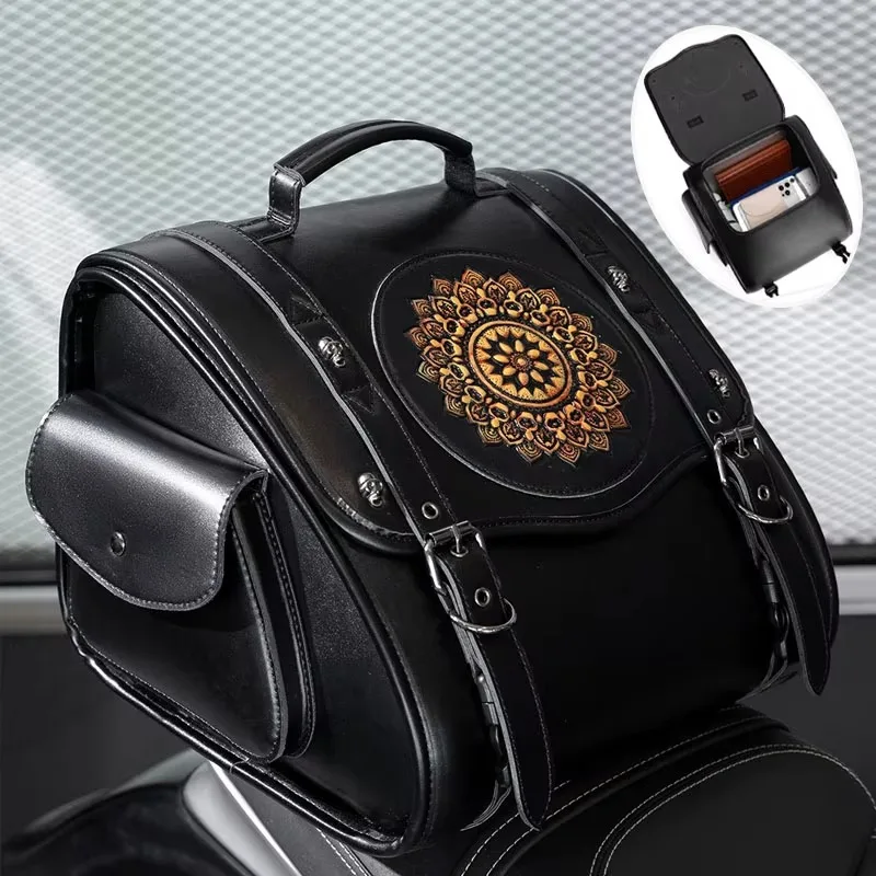HOT Retro Universal Motorcycle Rear Seat Bag PU Leather Skull Monster Pattern Knight Tail Storage Bag Waterproof Storage Tool