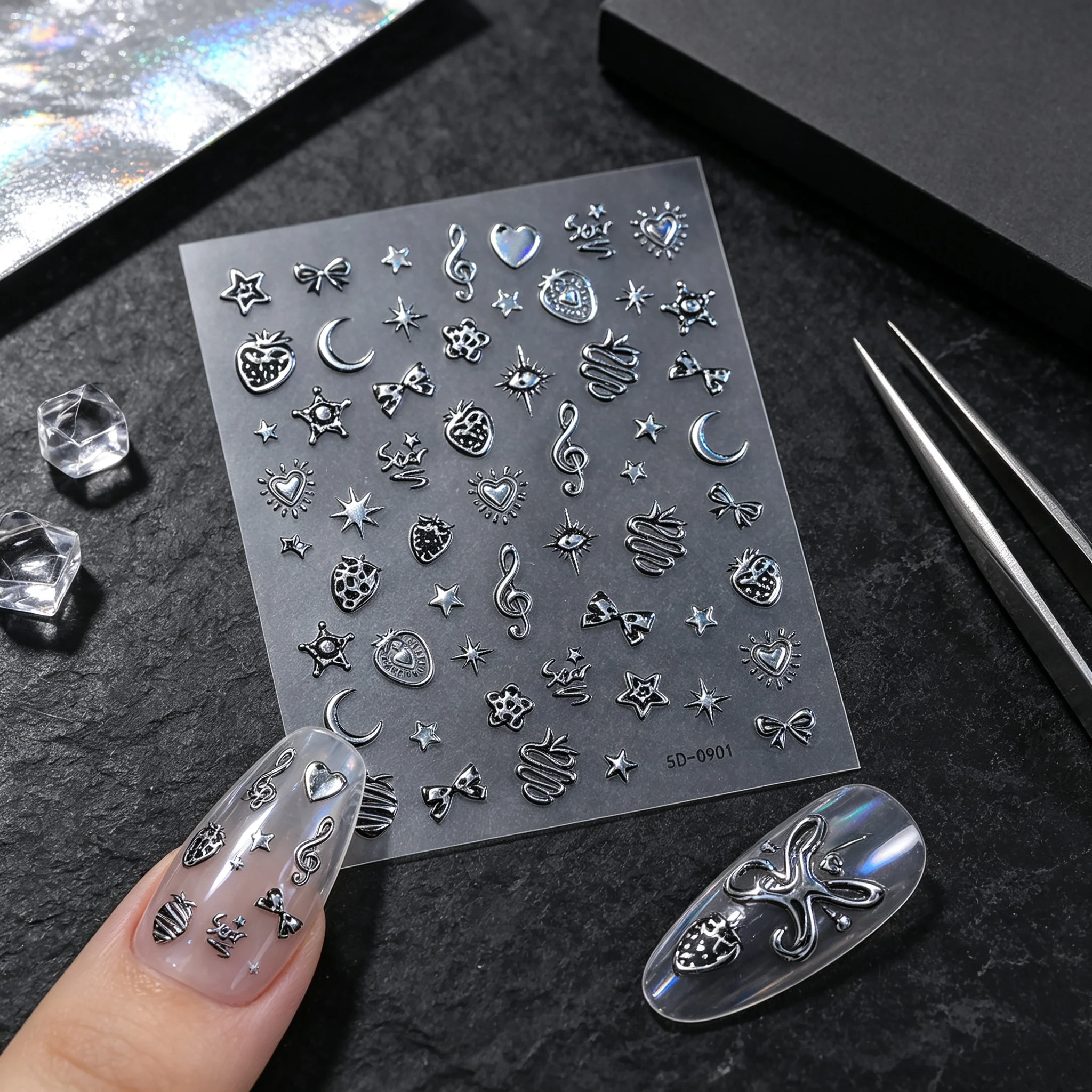 1Pcs 5D Silver Metal Nail Stickers Gothic Y2K Retro Punk Nail Sliders Star Heart Bow Music Note Moon Strawberry Manicure Decors*