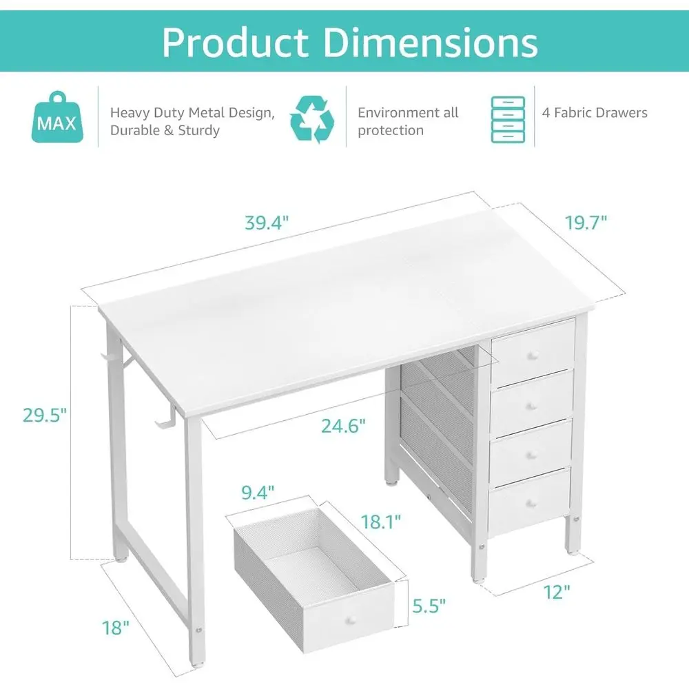 Compact White Desk with Drawers for Kids, 40 Girls Study Desk, Reversible Table for Writing and Manicure in Small Spaces
