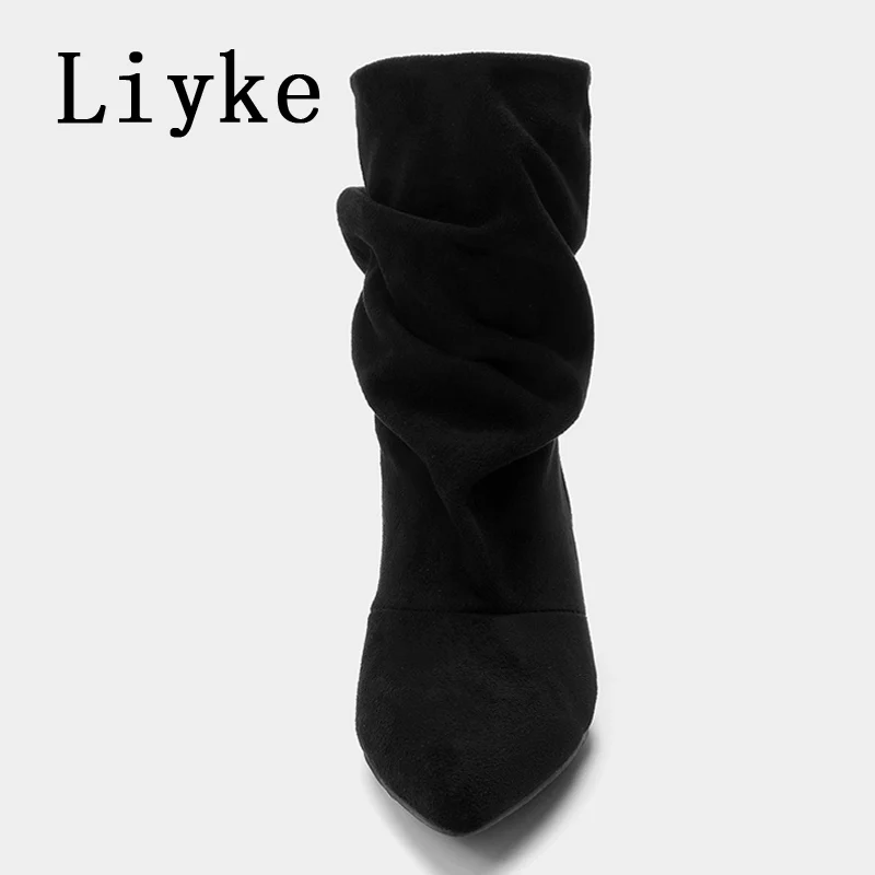 Liyke Elegant Designer Ankle Boots Women Fashion Pleated Suede Autumn Winter Low Thin Heels Party Prom Chelsea Shoes Botas Mujer
