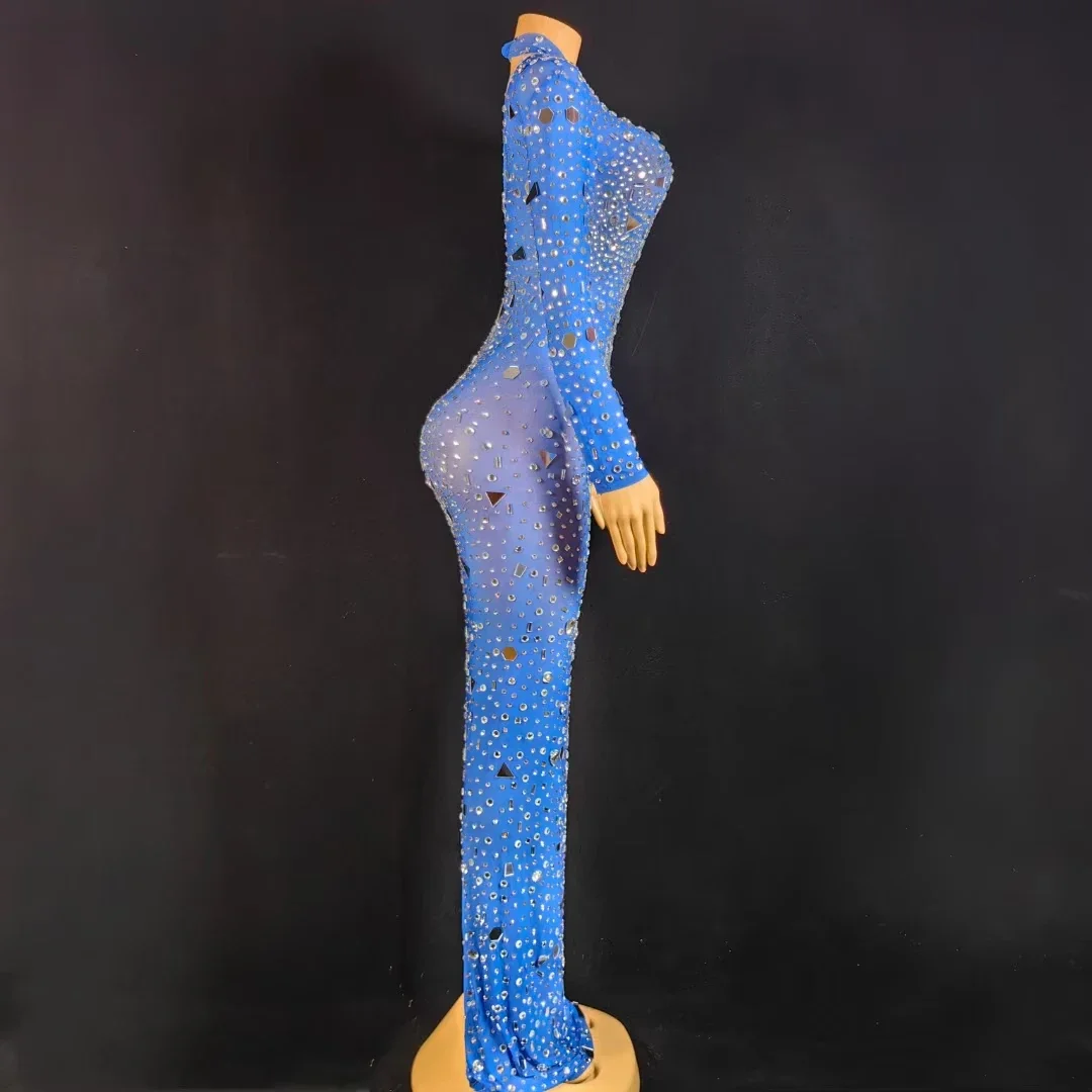 Длинное платье с синими бриллиантами, роскошное праздничное платье со стразами, сценический костюм, женское модное облегающее платье