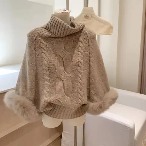 Autumn Elegant Batwing Sleeve Sweater Women Turtleneck  Knitted  Pullovers Chic Tops Fashion Fur Patchwork Knitted Jumpers 630A