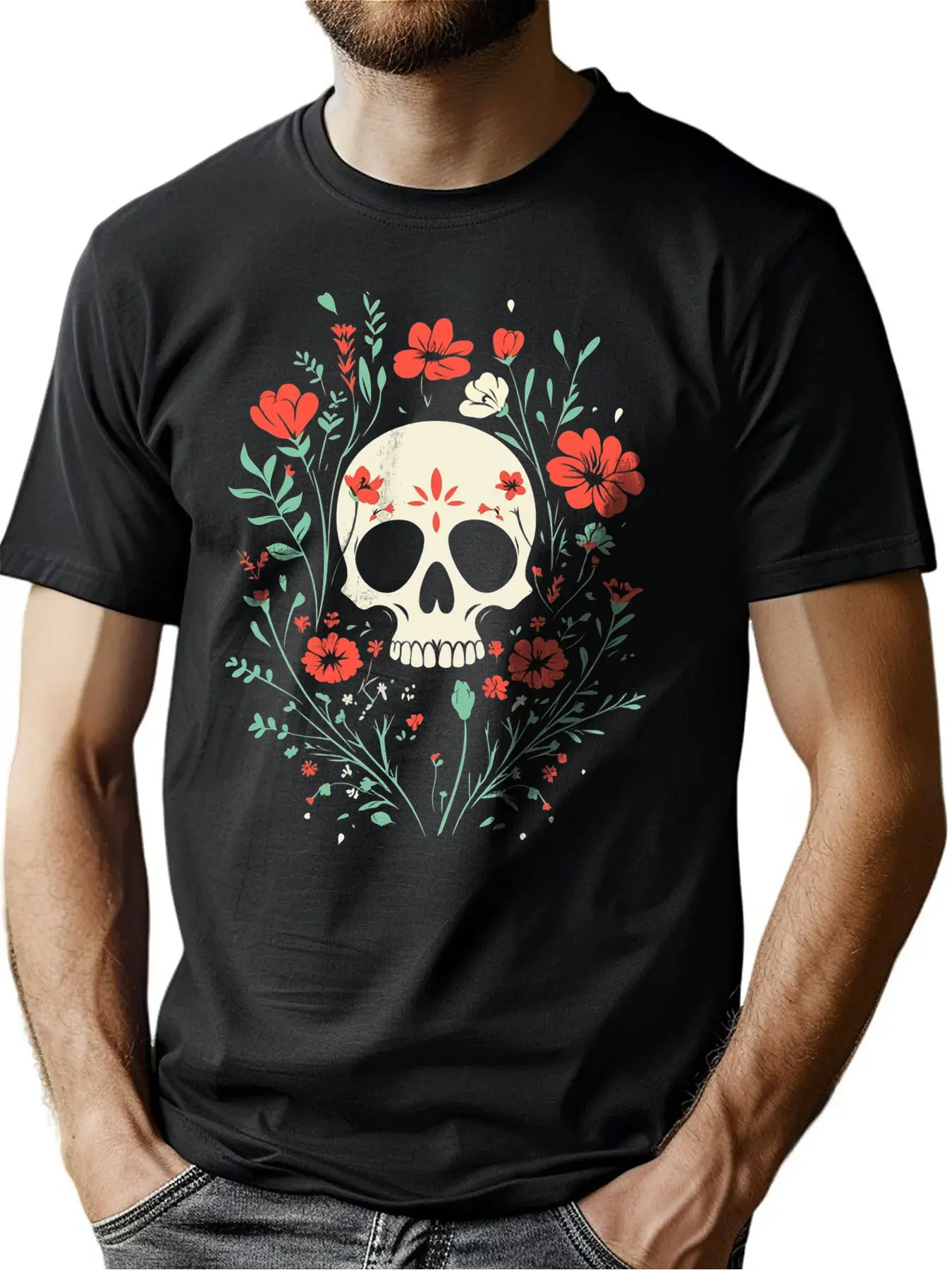 

Pure Cotton Men's Crew Neck Tee With Skull Floral Print Soft Comfort Christmas Gift Outdoor Activities Machine Washable For Men
