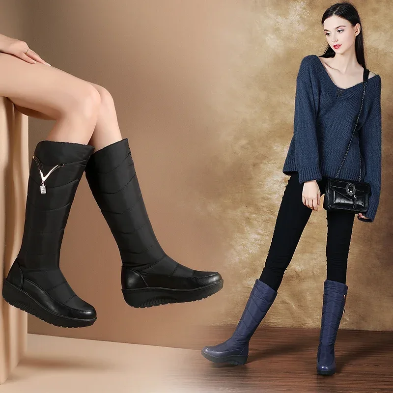 Big Size Quality Winter Women Snow Boots Fur Down Red Blue Casual Outdoor Platform Wedge Heels Metal Crystal Lady Mid-calf Boots