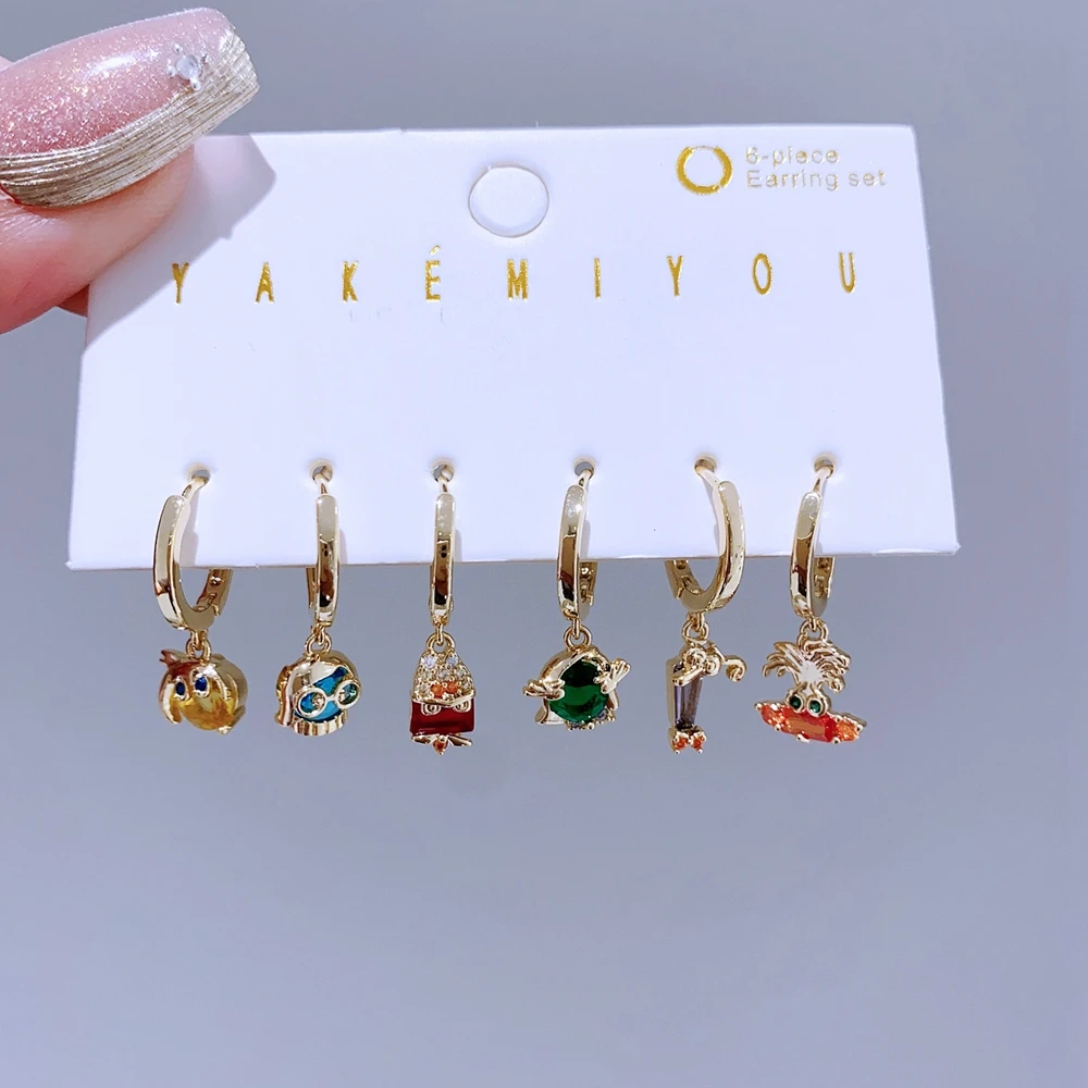 6pcs/set Multi Color Zircon Emotions Hanging Earrings for Women Gold Plated Huggie Hoop Earrings Jewelry