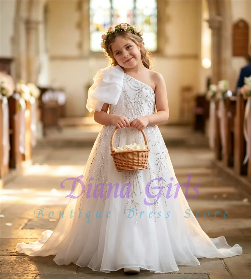 Elegant One Shoulder Flower Girl Dress Floor Lenght with Bow for Wedding Kids Birthday Party First Communion Evening Ball Gowns