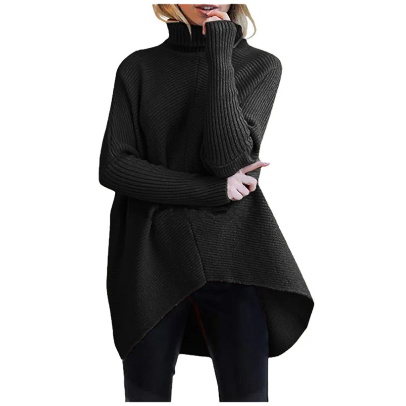 

Women's Loose Long Sve Sweater Medium Length Street Sle High Collar Woolen Knitted T-irt Bat Sve Faionable Winter Top