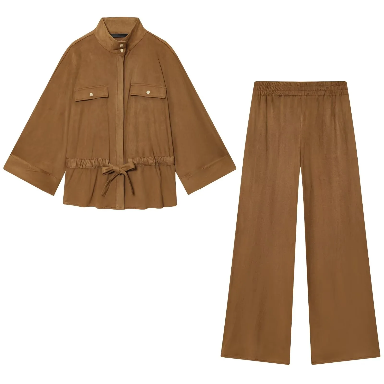 

Withered European And American Style Slimming Stand Up Collar Suede Shirt Wide Leg Pants Set Woman Clothes Pant Sets