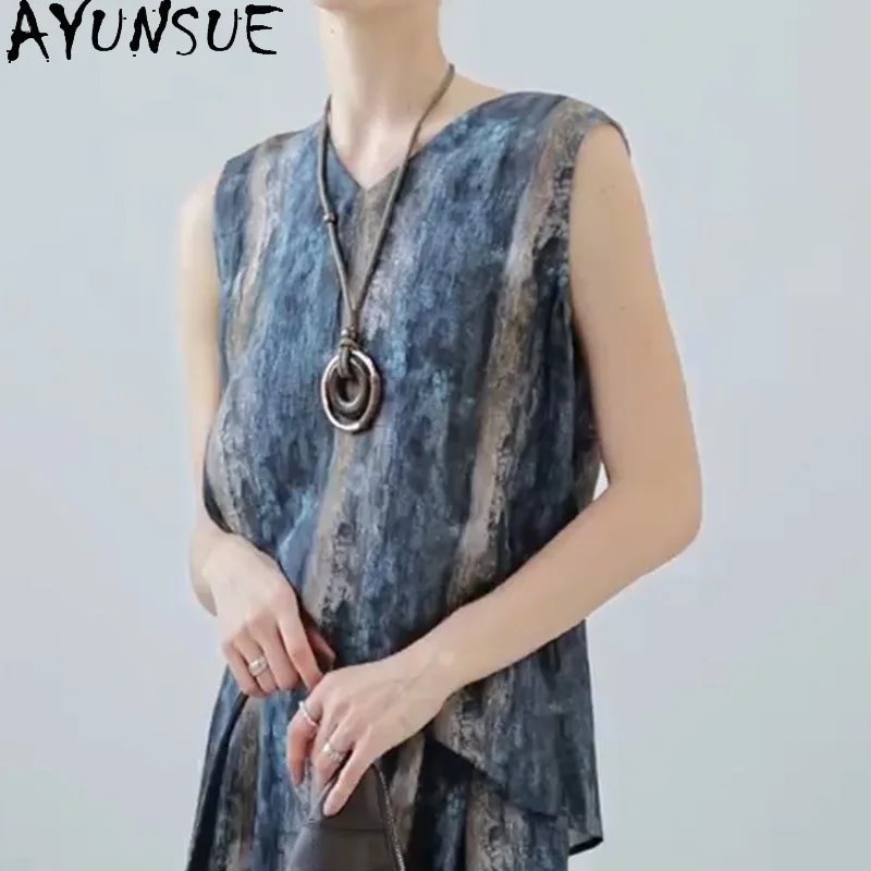 AYUNSUE 100% Mulberry Silk Women's Tanks Sleeveless V-neck Tanks Top Summer Tops for Woman Elegant Woman Clothes Топ Женский