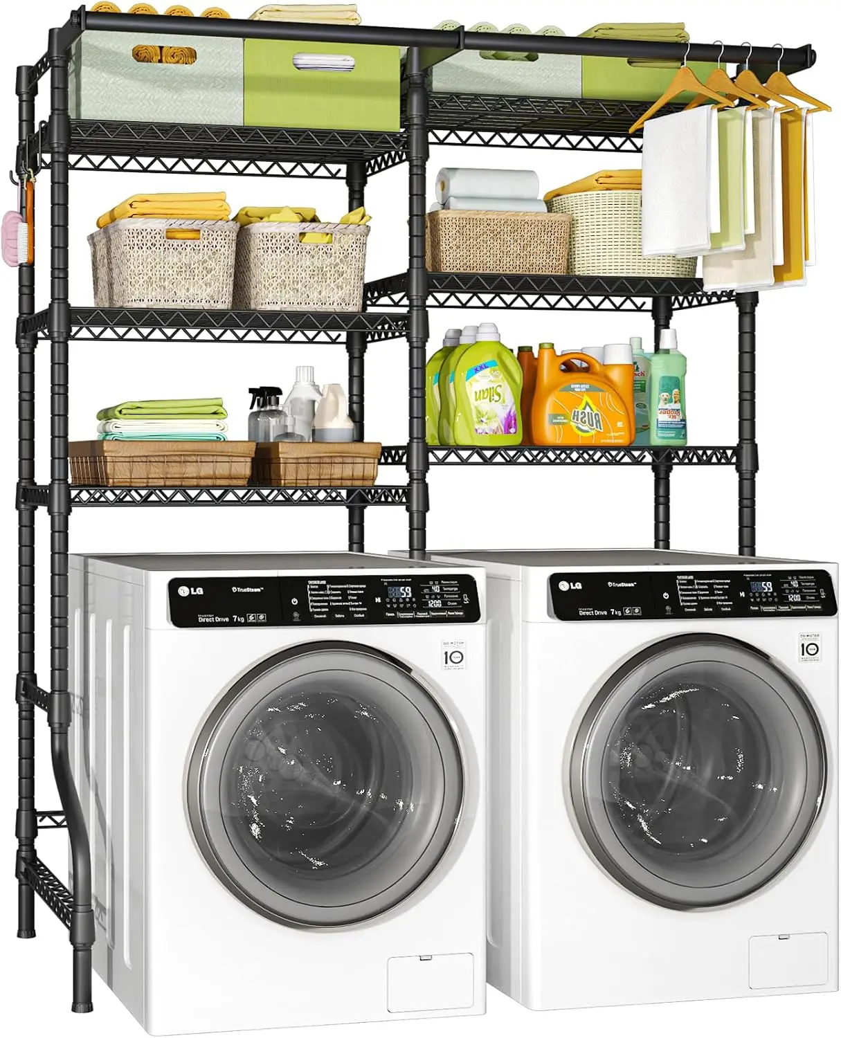Laundry Standing Shelf 6 Tiers Space Saver Storage Organizer With 2 Hanger Rods Clothes Drying Rack For Washer Dryer Over Unit