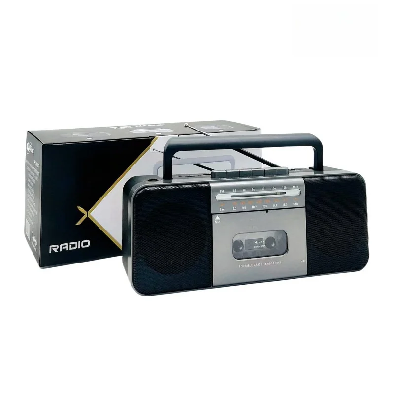 

Classic retro cassette player, portable BT FM radio with dual speakers, suitable for home meeting learning