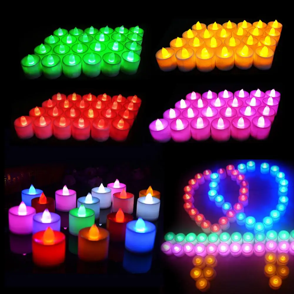 Velas Flameless LED coloridas, operadas por bateria, Tealight, casamento, luzes de decoração de aniversário, velas falsas eletrônicas, 12pcs