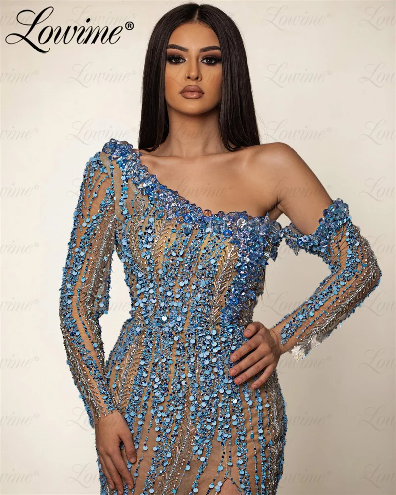 2024 Nude Blue Off The Shoulder Party Dress Long Sleeves Beaded Evening Gowns Split Side Sequins Aso Ebi Birthday Prom Dresses