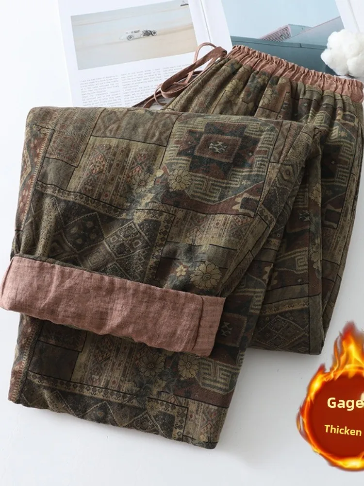 กางเกงขายาวทรงกว้างสำหรับผู้หญิง ผ้าฝ้ายลินินพิมพ์ลาย เอวยางยืด สไตล์วินเทจ อบอุ่น เหมาะสำหรับฤดูหนาว ดีไซน์ศิลปะย้อนยุค รุ่น Thiened