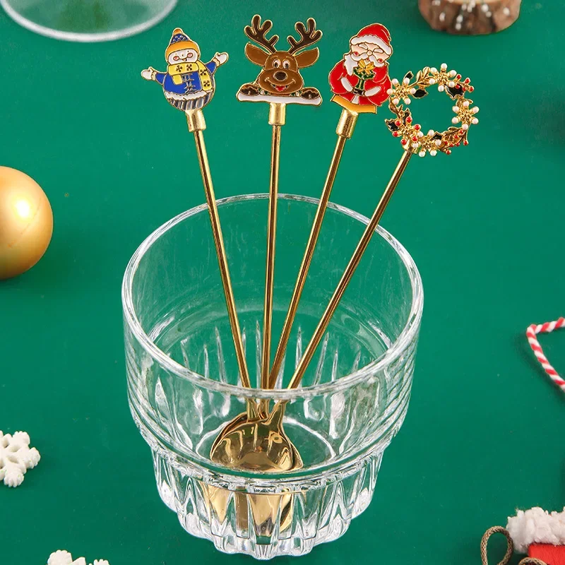 New Christmas Stainless Steel Gold Tableware Cute Cartoon Ice Cream Dessert Spoon Coffee Stirring Teaspoon Fruit Fork Party Gift