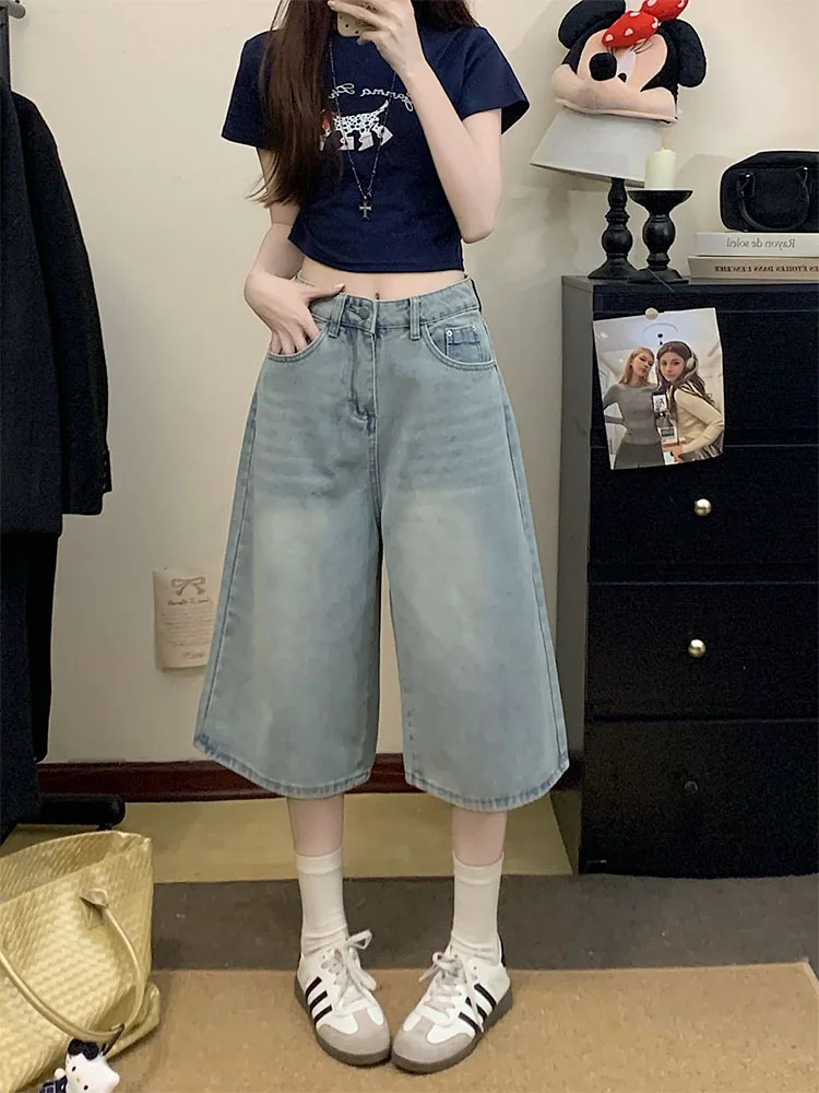 Pantaloni di media lunghezza a gamba larga a gamba larga da donna autunno vintage americano allentato sottile a vita alta in denim da sette pollici