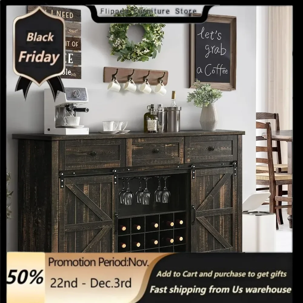 Wine Cabinet.Farmhouse Wine Bar Cabinet with Sliding Barn Doors, 54" Large Buffet Cabinet with 15 Wine Rack & Glass Rack,