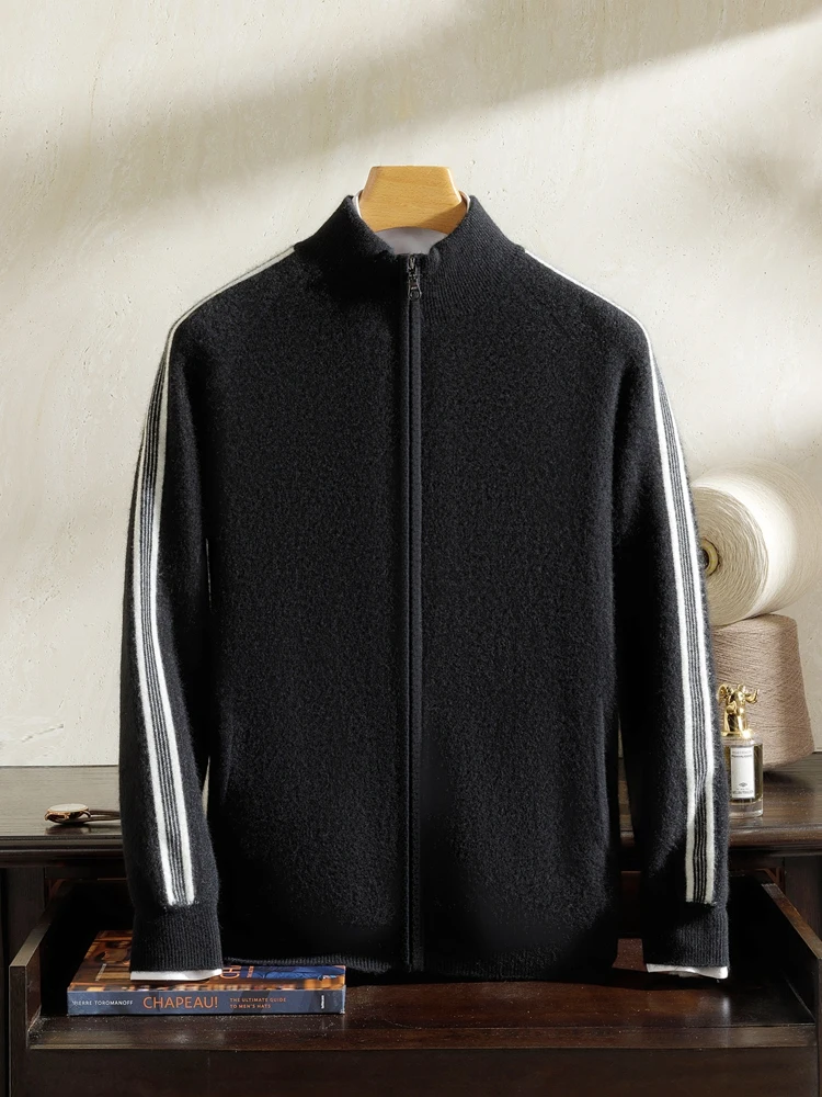 

CHICUU мужской 100% кашемировый кардиган на молнии, комплект брюк, тяжелый толстый кашемировый вязаный свитер, осенне-зимний полосатый топ, брюки