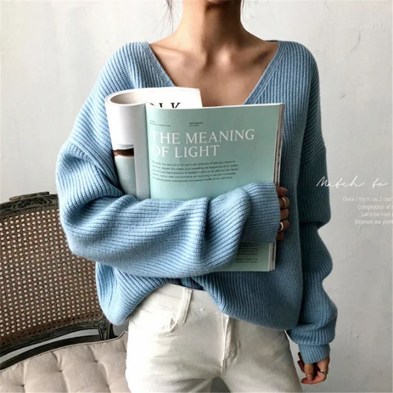 2023 Autumn Korean V-Neck Loose Solid Sweater Spring Women Warm Thick Pullover Office Lady All Match Knitwear Bottoming Sweater