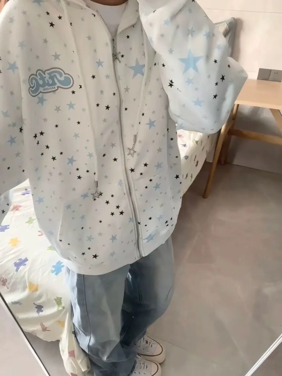 

Oversize Star Letter Print Sudadera Mujer Coats American Vintage Loose Hooded Women Sweatshirts Zipper Tops Y2k Preppy Style
